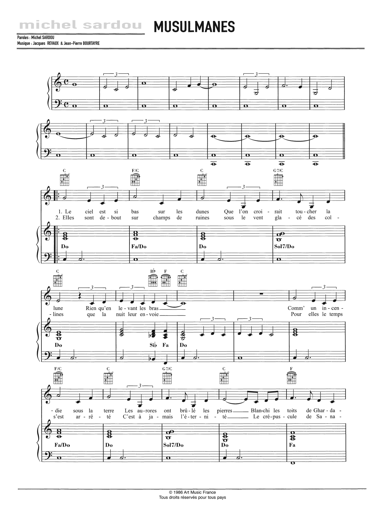 Michel Sardou Musulmanes Sheet Music Notes & Chords for Piano, Vocal & Guitar - Download or Print PDF