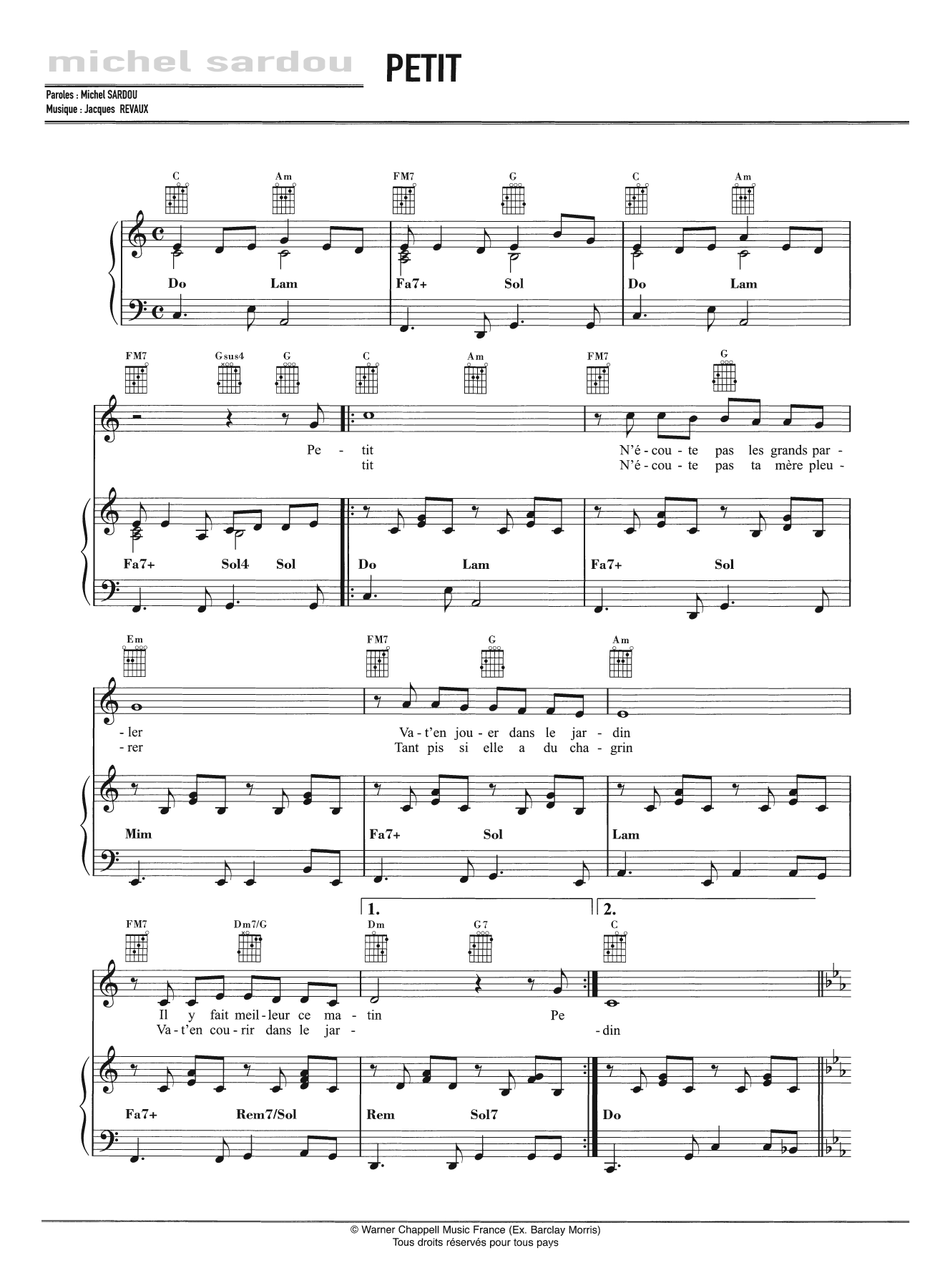 Michel Sardou Petit Sheet Music Notes & Chords for Piano, Vocal & Guitar - Download or Print PDF
