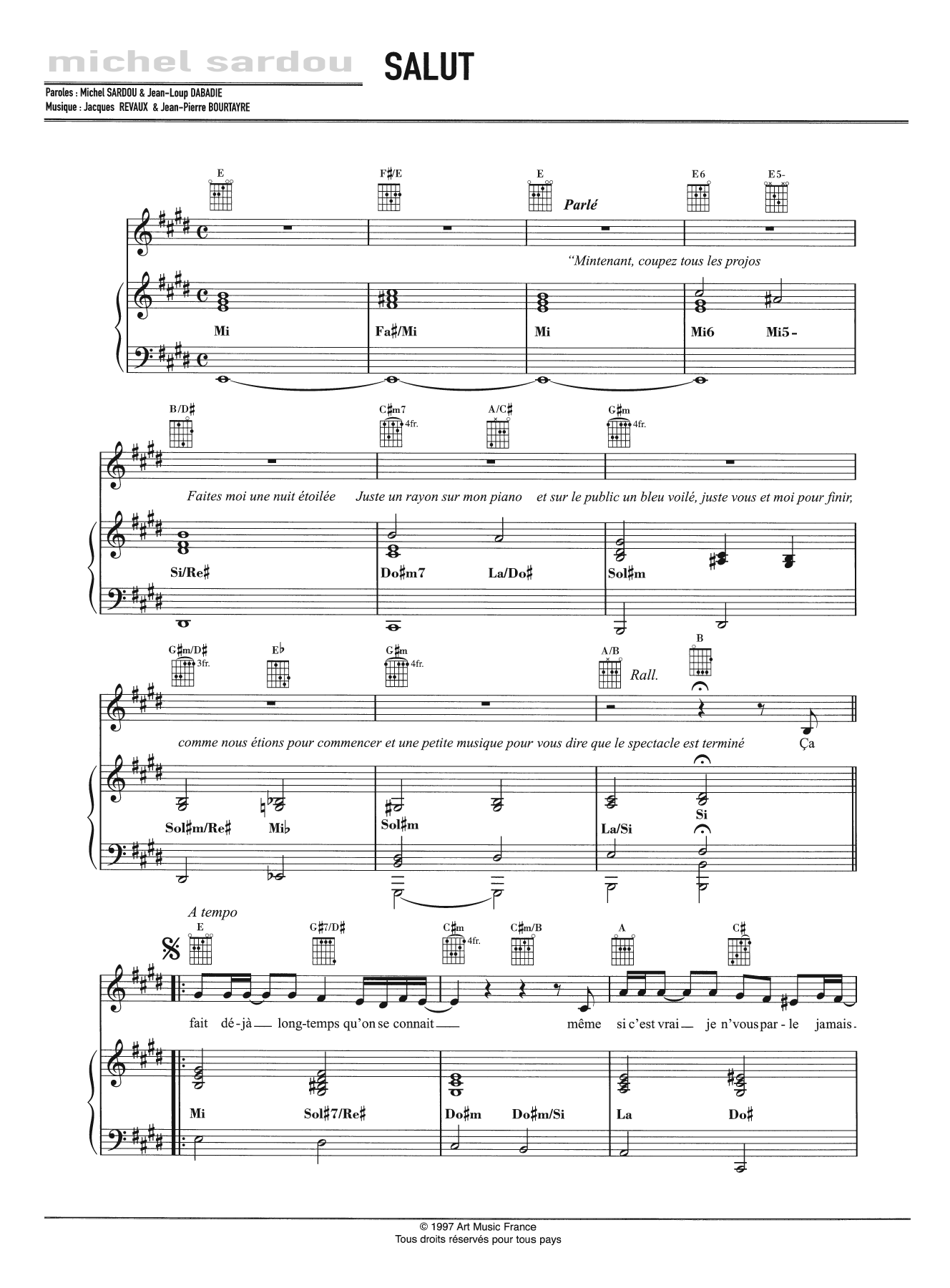 Michel Sardou Salut Sheet Music Notes & Chords for Piano, Vocal & Guitar - Download or Print PDF