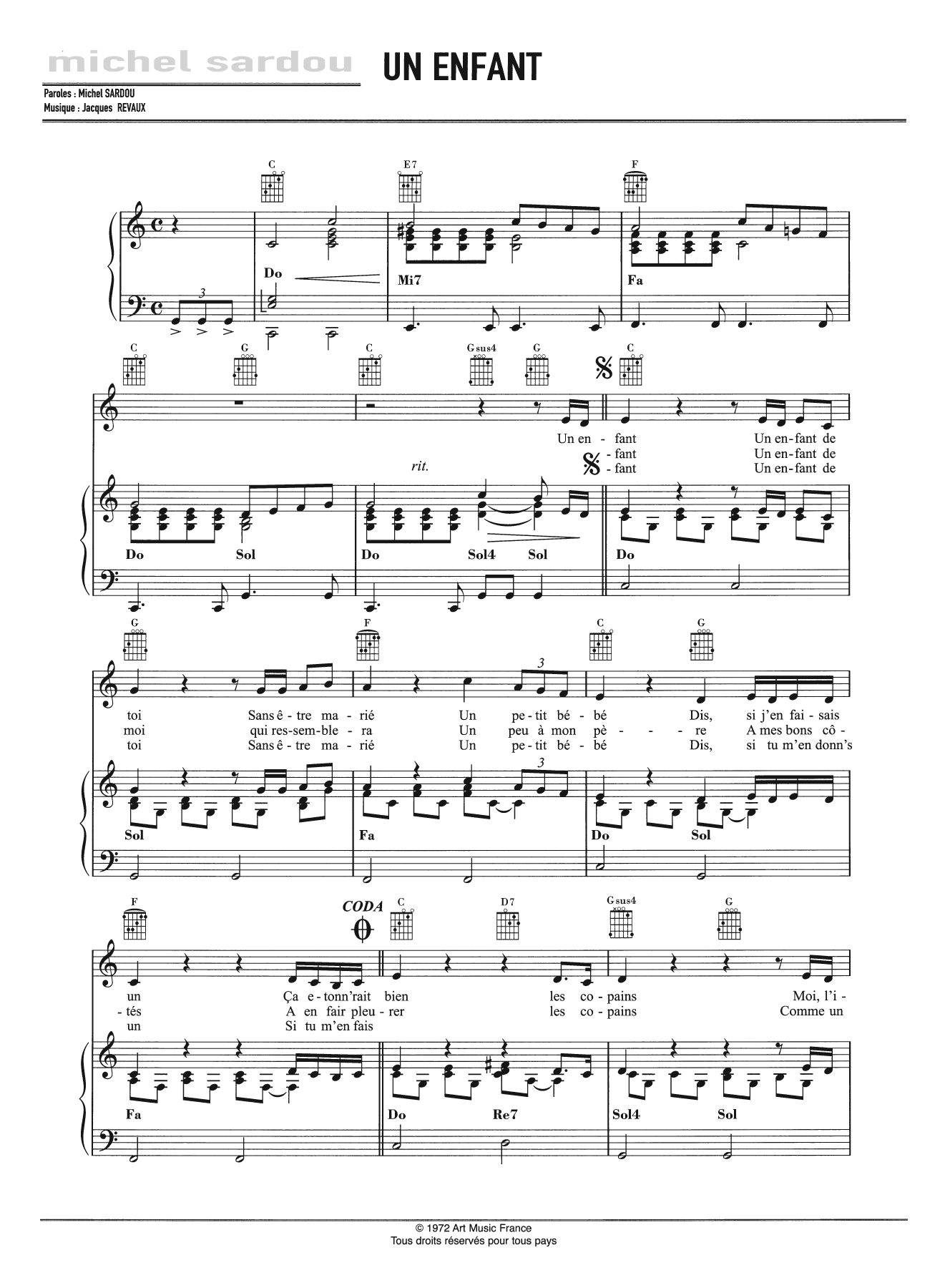Michel Sardou Un Enfant Sheet Music Notes & Chords for Piano, Vocal & Guitar - Download or Print PDF