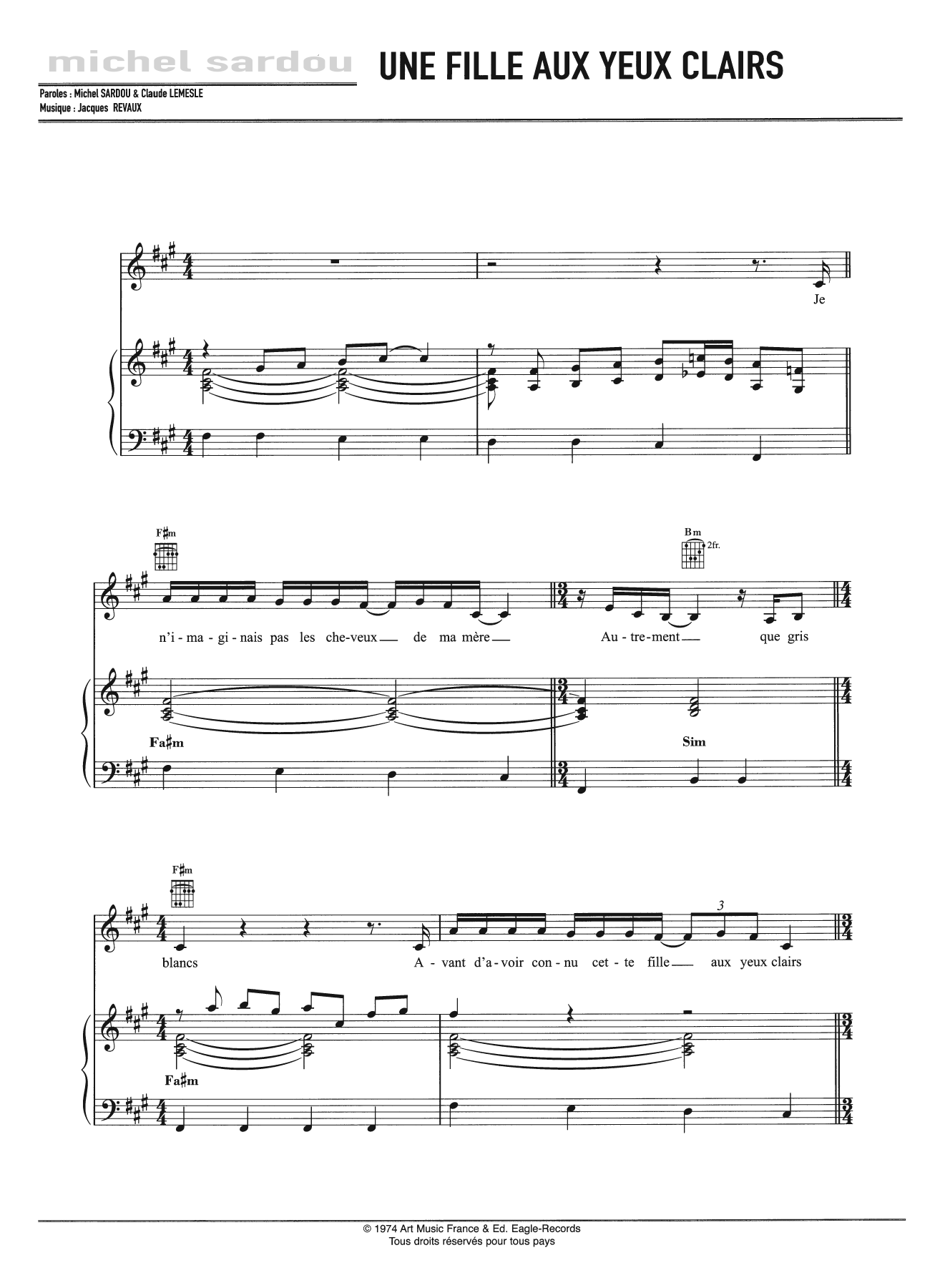 Michel Sardou Une Fille Aux Yeux Clairs Sheet Music Notes & Chords for Piano, Vocal & Guitar - Download or Print PDF