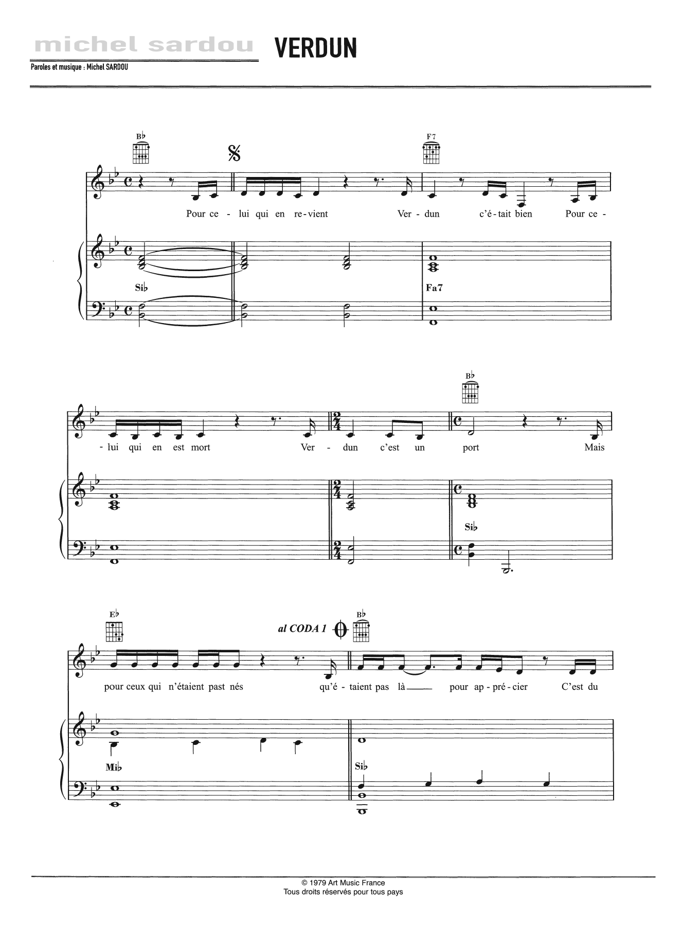 Michel Sardou Verdun Sheet Music Notes & Chords for Piano, Vocal & Guitar - Download or Print PDF