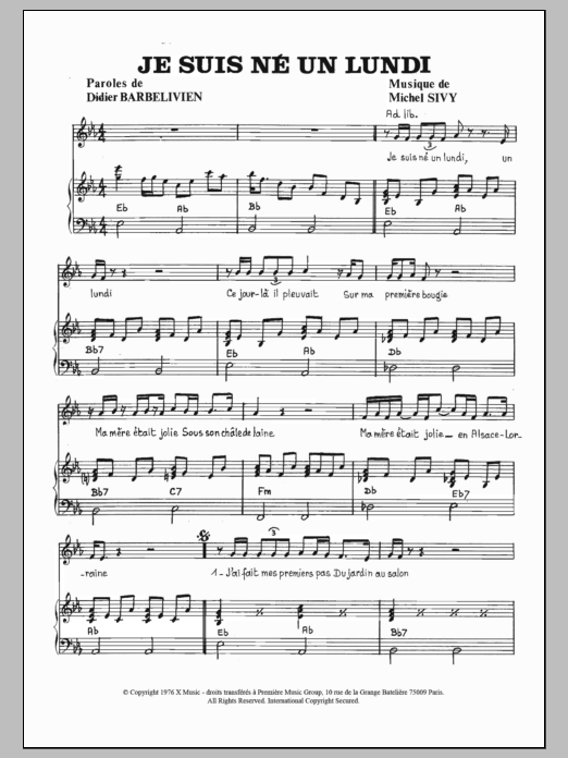 Michel Sivy Je Suis Ne Un Lundi Sheet Music Notes & Chords for Piano & Vocal - Download or Print PDF