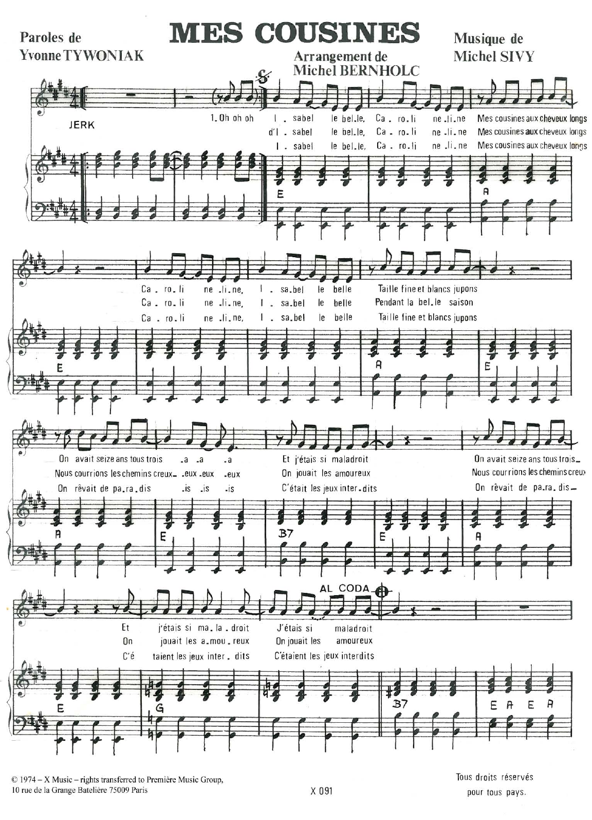 Michel Sivy Mes Cousines Sheet Music Notes & Chords for Piano & Vocal - Download or Print PDF