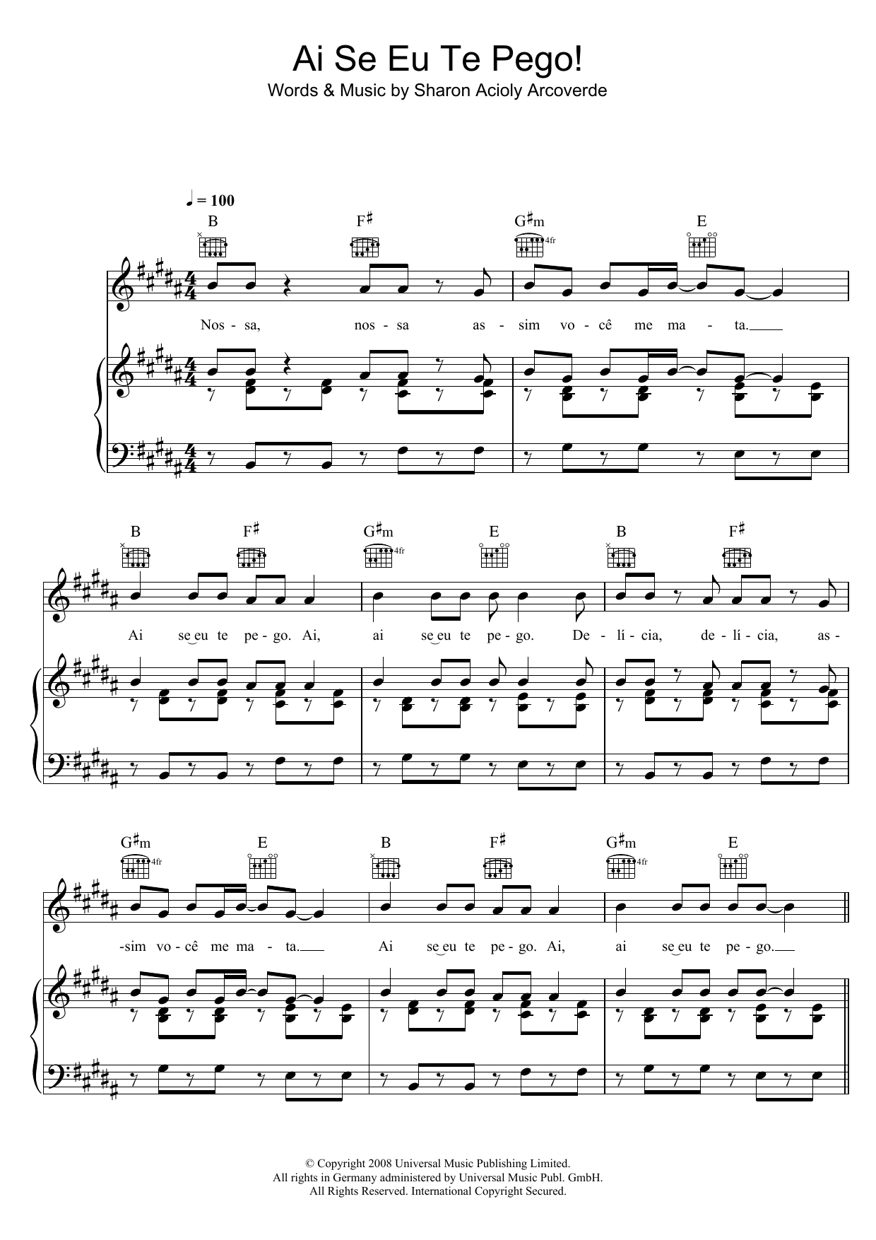 Michel Telo Ai Se Eu Te Pego Sheet Music Notes & Chords for Piano, Vocal & Guitar (Right-Hand Melody) - Download or Print PDF