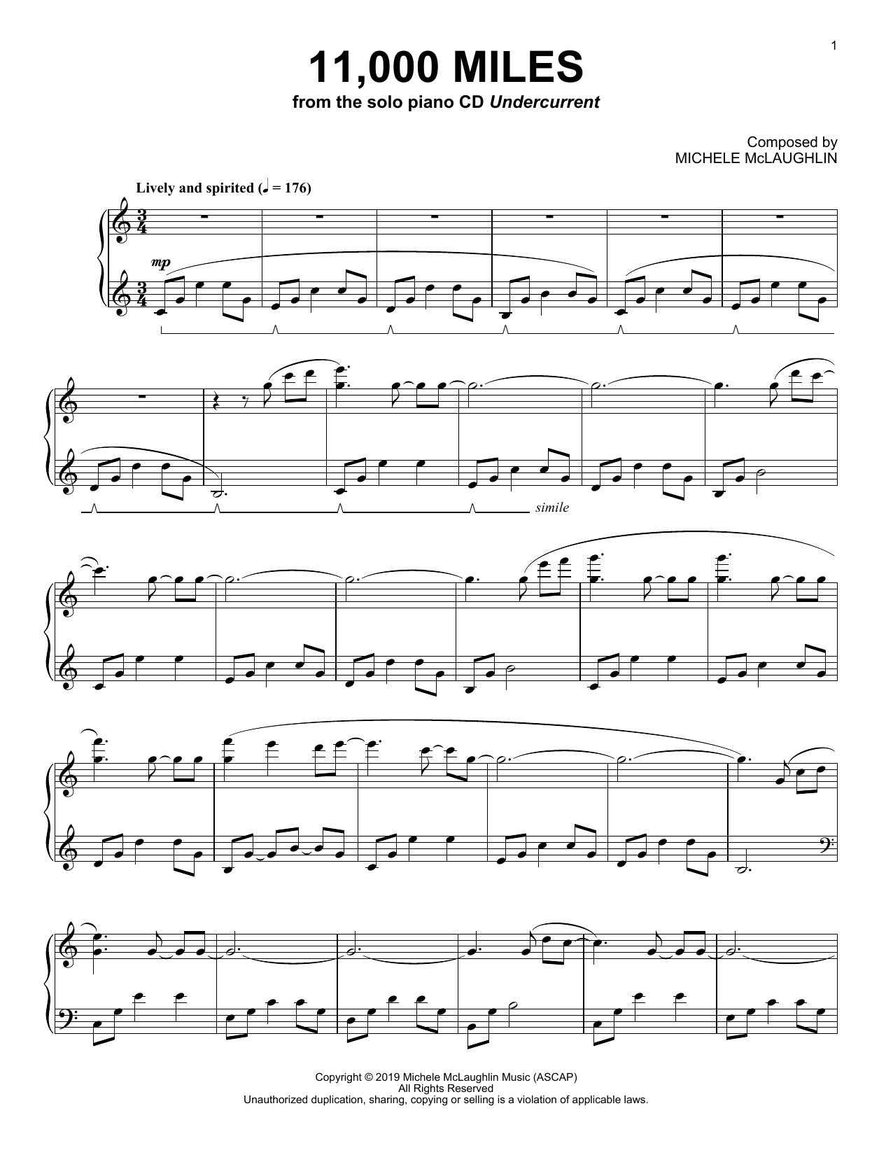 Michele McLaughlin 11,000 Miles Sheet Music Notes & Chords for Piano Solo - Download or Print PDF