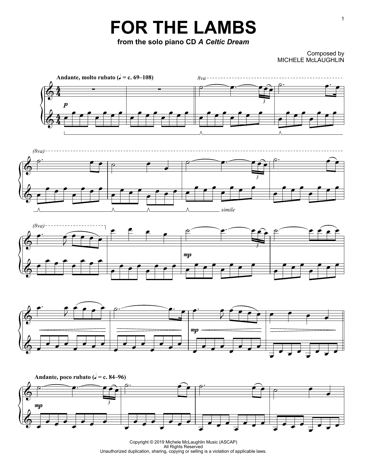 Michele McLaughlin For The Lambs Sheet Music Notes & Chords for Piano Solo - Download or Print PDF