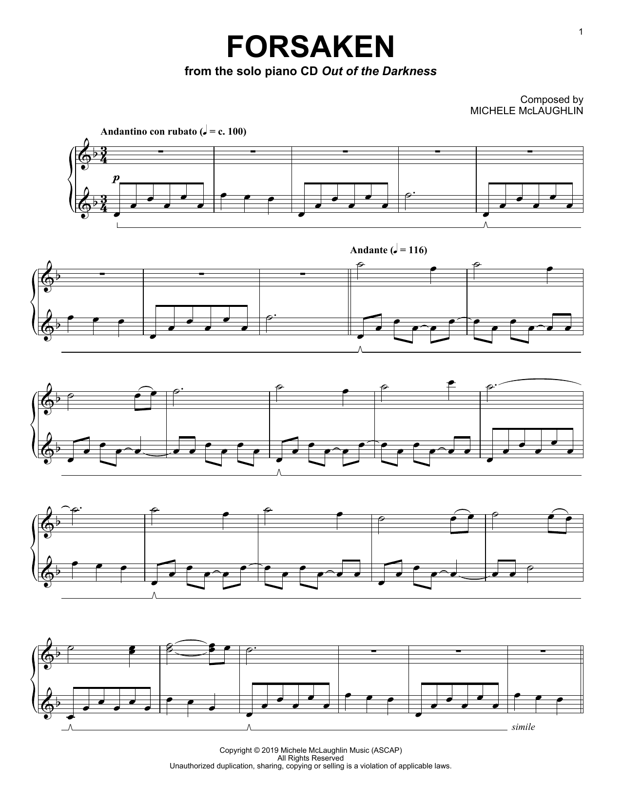 Michele McLaughlin Forsaken Sheet Music Notes & Chords for Piano Solo - Download or Print PDF