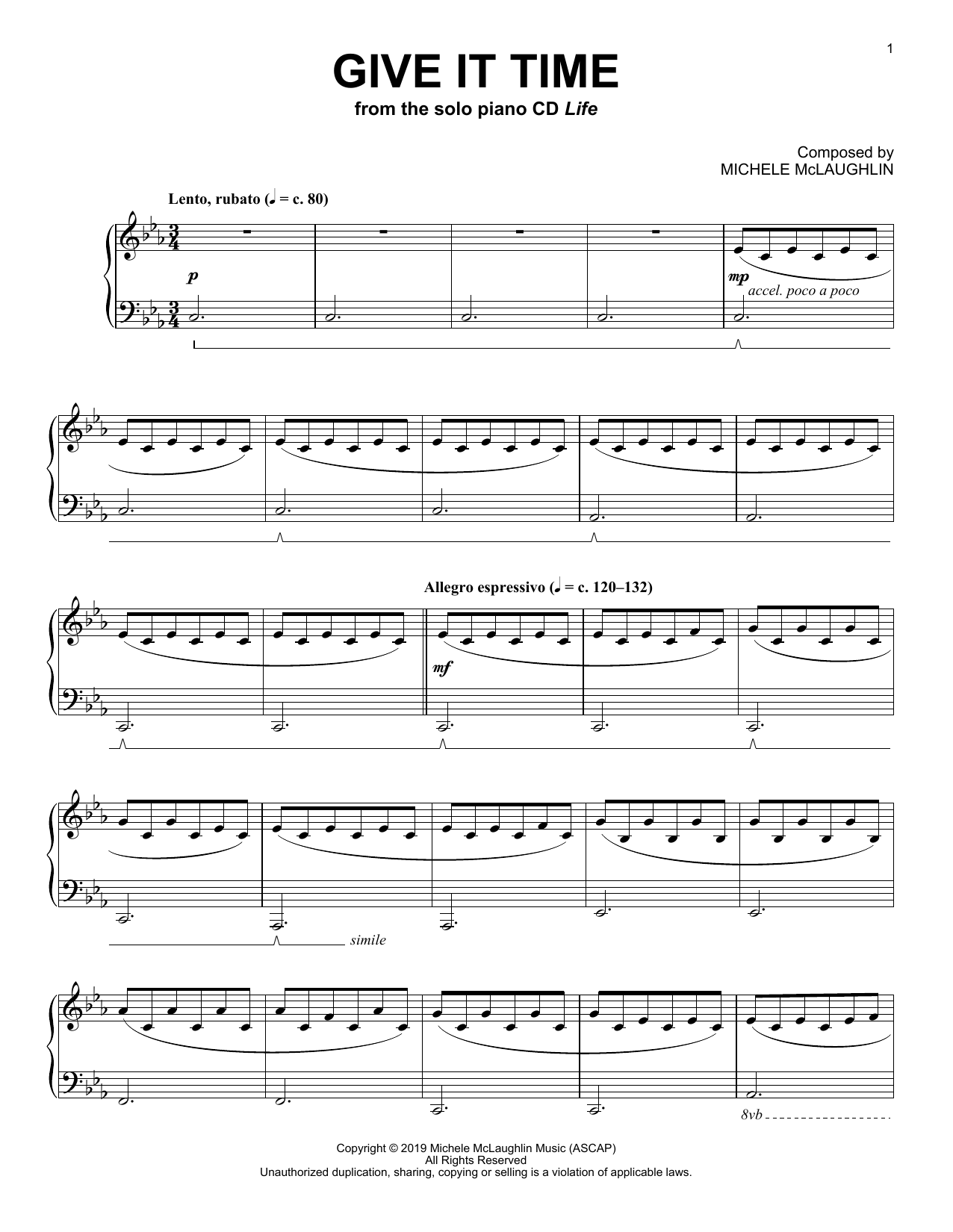 Michele McLaughlin Give It Time Sheet Music Notes & Chords for Piano Solo - Download or Print PDF