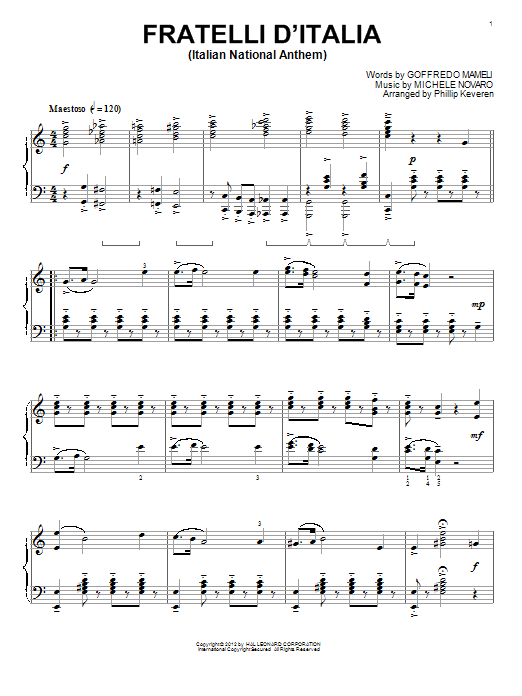 Michele Novaro Italian National Anthem (Fratelli d'Italia) Sheet Music Notes & Chords for Piano - Download or Print PDF