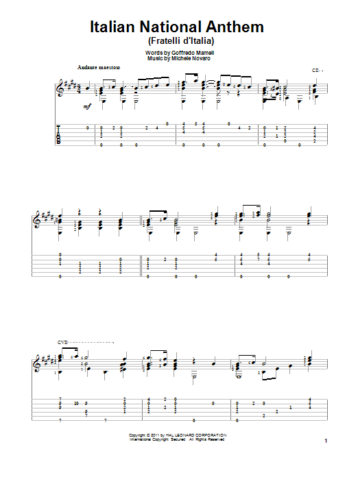 Michele Novaro Italian National Anthem (Fratelli d'Italia) Sheet Music Notes & Chords for Guitar Tab - Download or Print PDF
