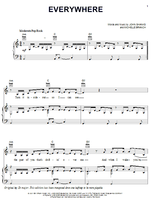 Michelle Branch Everywhere Sheet Music Notes & Chords for Piano, Vocal & Guitar (Right-Hand Melody) - Download or Print PDF