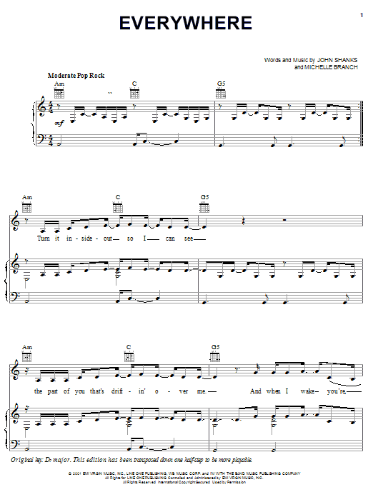 Michelle Branch Everywhere sheet music notes and chords. Download Printable PDF.