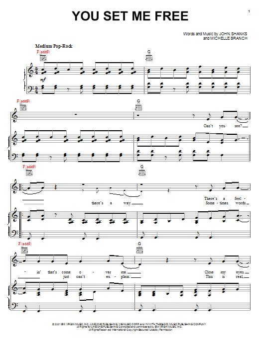 Michelle Branch You Set Me Free Sheet Music Notes & Chords for Piano, Vocal & Guitar (Right-Hand Melody) - Download or Print PDF