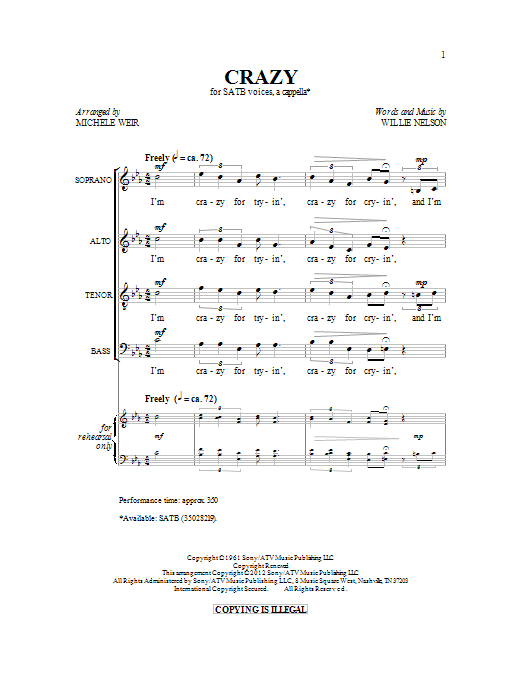 Patsy Cline Crazy (arr. Michelle Weir) Sheet Music Notes & Chords for SATB - Download or Print PDF
