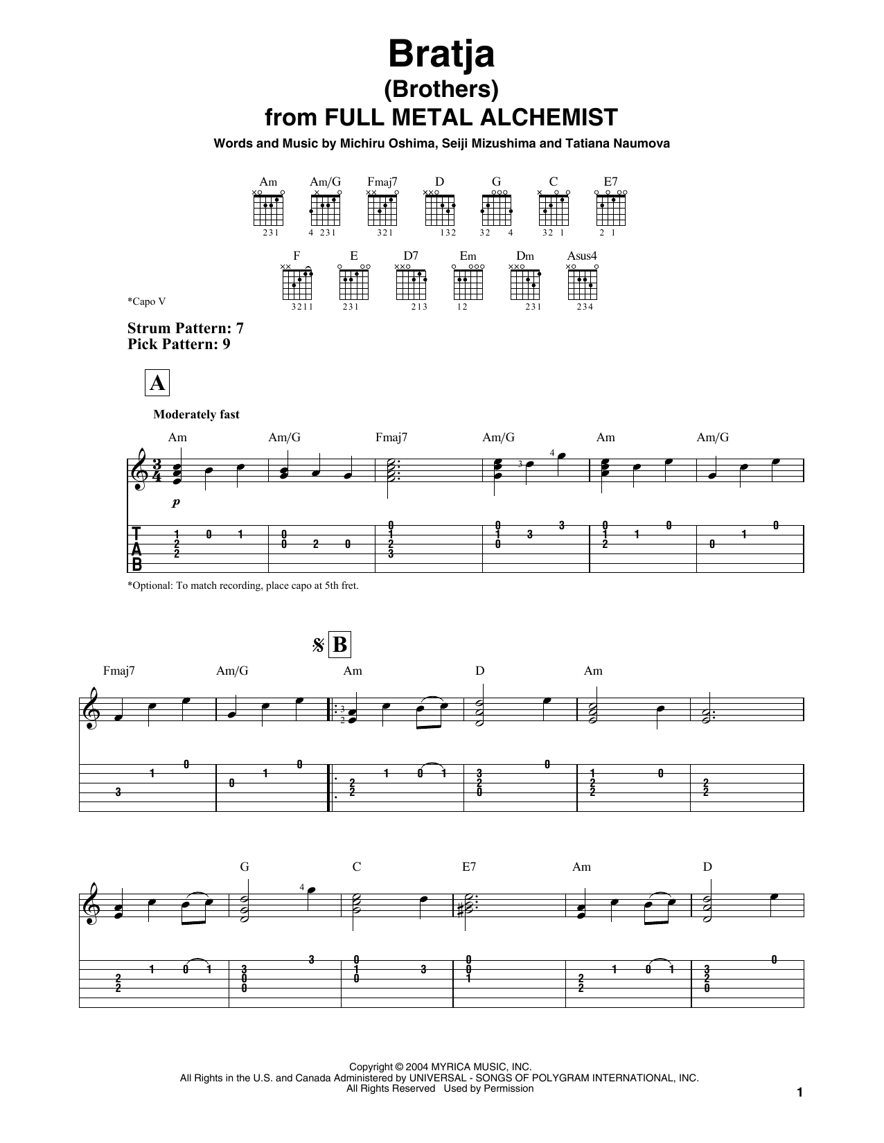 Michiru Oshima, Seiji Mizushima & Tatiana Naumova Bratja (Brothers) (from Full Metal Alchemist) Sheet Music Notes & Chords for Easy Guitar Tab - Download or Print PDF