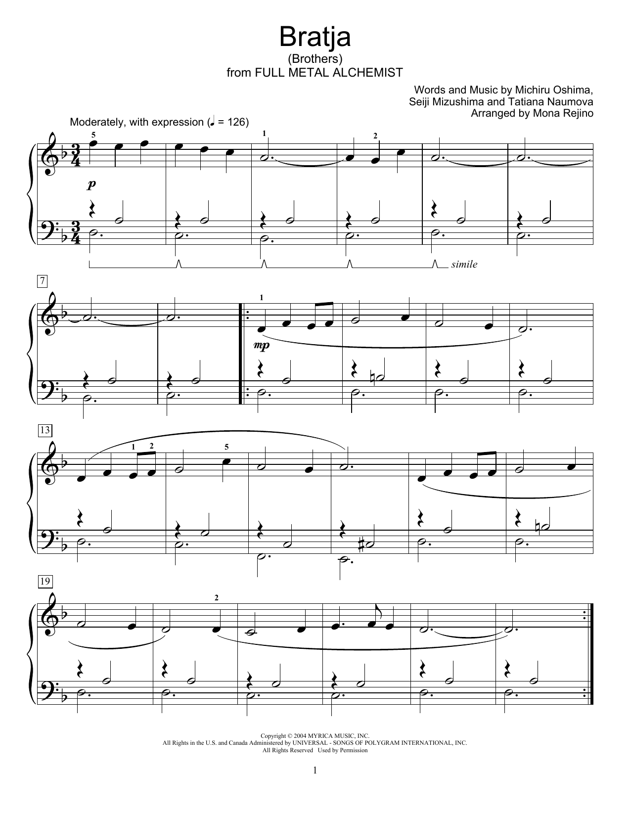 Michiru Oshima, Seiji Mizushima and Tatiana Naumova Bratja (Brothers) (from Full Metal Alchemist) (arr. Mona Rejino) Sheet Music Notes & Chords for Educational Piano - Download or Print PDF