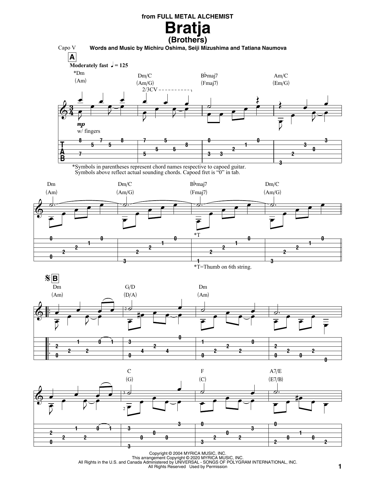 Michiru Oshima, Seiji Mizushima and Tatiana Naumova Bratja (Brothers) (from Full Metal Alchemist) Sheet Music Notes & Chords for Solo Guitar Tab - Download or Print PDF