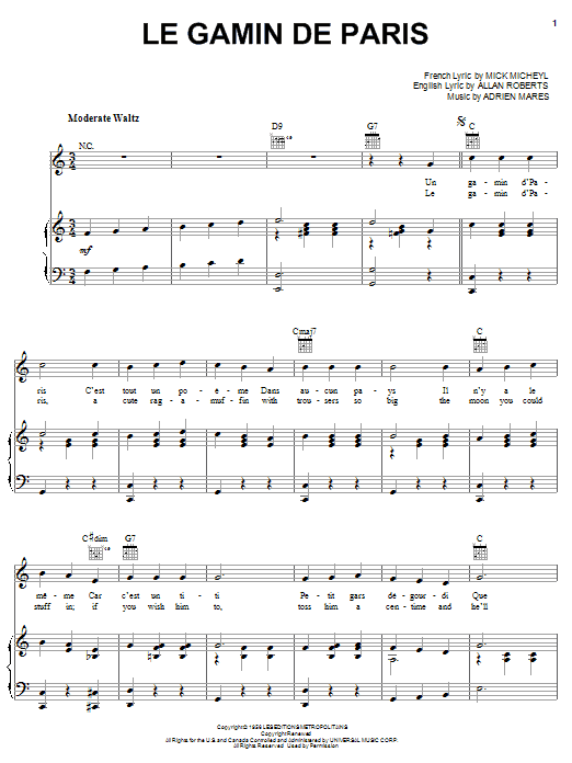 Mick Micheyl Le Gamin De Paris Sheet Music Notes & Chords for Piano, Vocal & Guitar (Right-Hand Melody) - Download or Print PDF