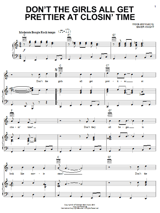 Mickey Gilley Don't The Girls All Get Prettier At Closin' Time Sheet Music Notes & Chords for Piano, Vocal & Guitar (Right-Hand Melody) - Download or Print PDF Mickey Gilley Don't The Girls All Get Prettier At Closin' Time Sheet Music Notes & Chords for Piano, Vocal & Guitar (Right-Hand Melody) - Download or Print PDF
