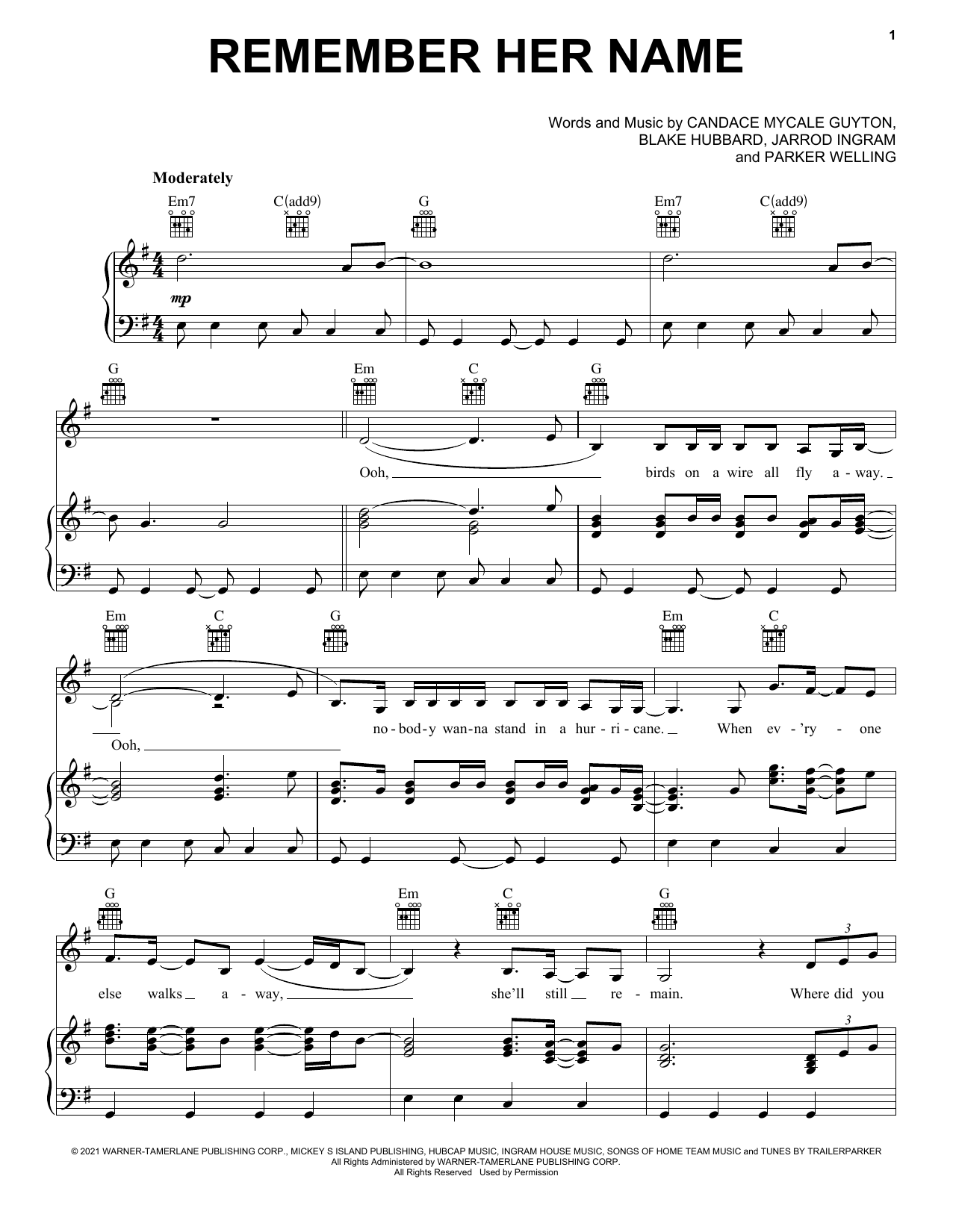 Mickey Guyton Remember Her Name Sheet Music Notes & Chords for Piano, Vocal & Guitar Chords (Right-Hand Melody) - Download or Print PDF