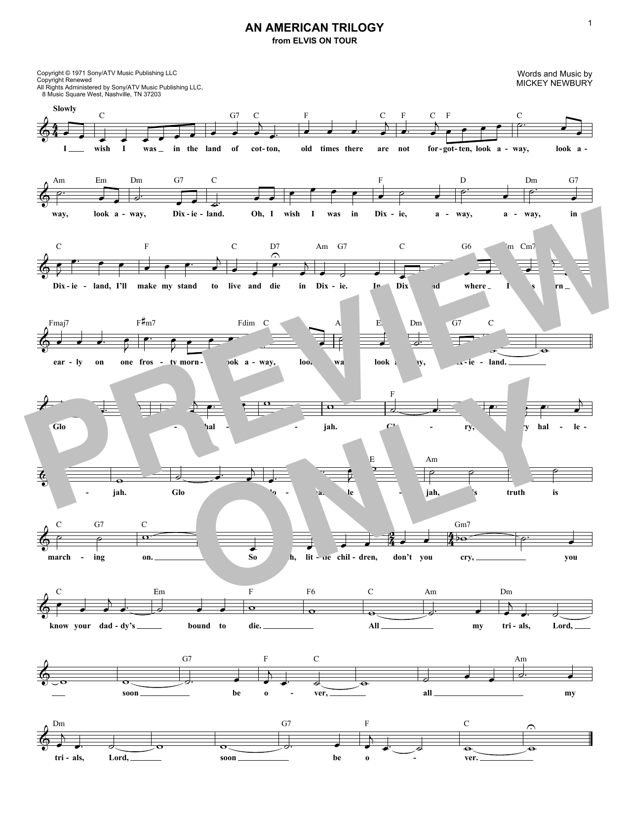 Mickey Newbury An American Trilogy Sheet Music Notes & Chords for Melody Line, Lyrics & Chords - Download or Print PDF