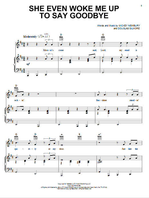 Mickey Newbury She Even Woke Me Up To Say Goodbye Sheet Music Notes & Chords for Piano, Vocal & Guitar (Right-Hand Melody) - Download or Print PDF Mickey Newbury She Even Woke Me Up To Say Goodbye Sheet Music Notes & Chords for Piano, Vocal & Guitar (Right-Hand Melody) - Download or Print PDF