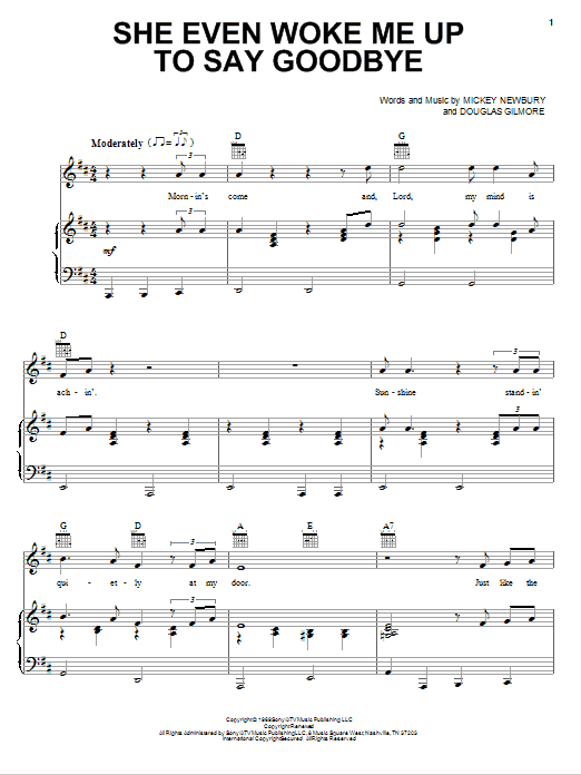 Mickey Newbury She Even Woke Me Up To Say Goodbye Sheet Music Notes & Chords for Piano, Vocal & Guitar (Right-Hand Melody) - Download or Print PDF