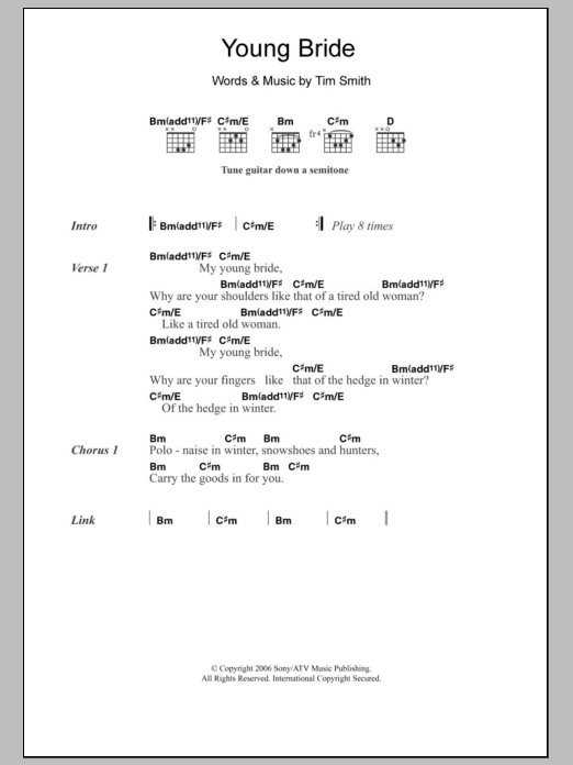 Midlake Young Bride Sheet Music Notes & Chords for Lyrics & Chords - Download or Print PDF