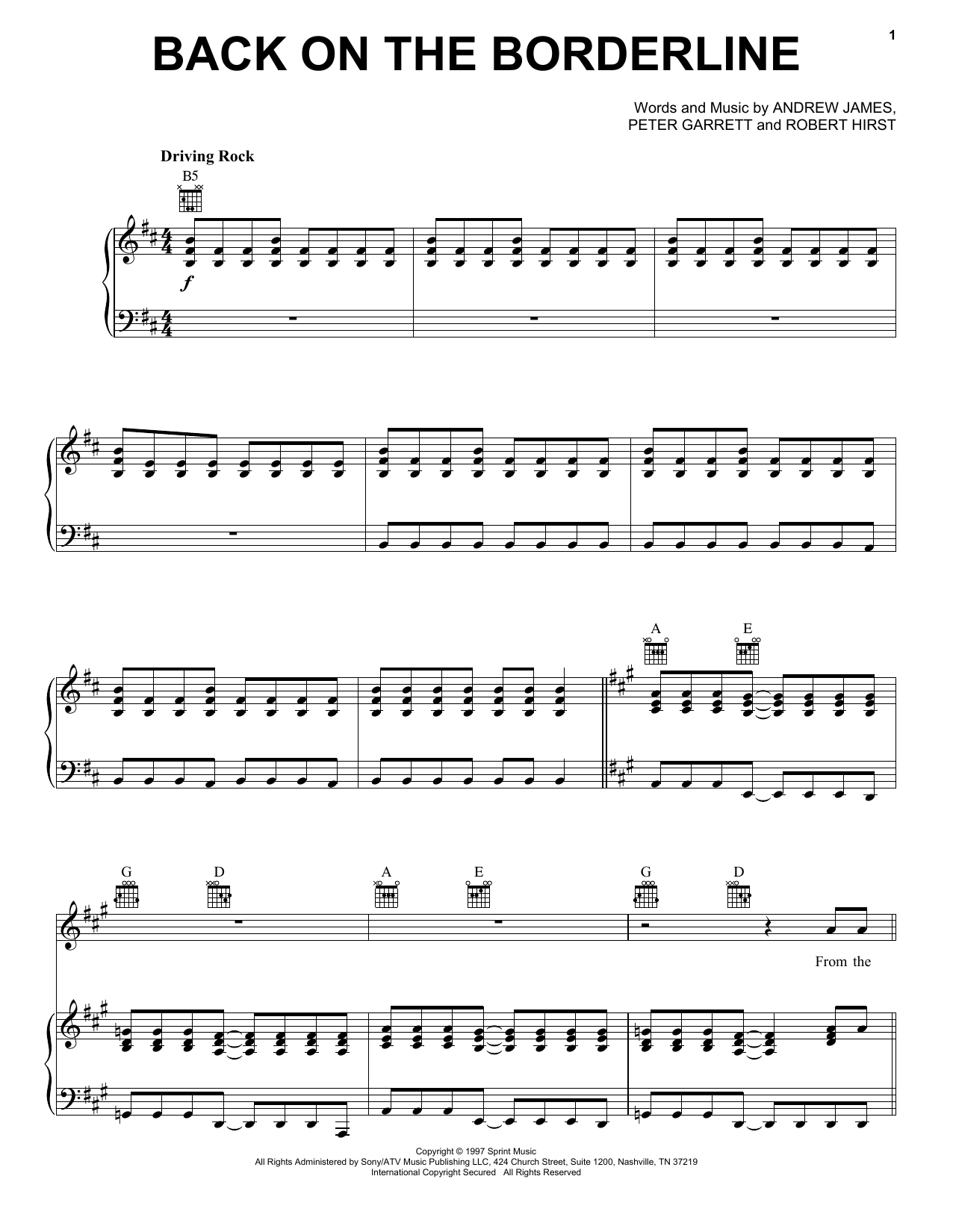 Midnight Oil Back On The Borderline Sheet Music Notes & Chords for Piano, Vocal & Guitar (Right-Hand Melody) - Download or Print PDF