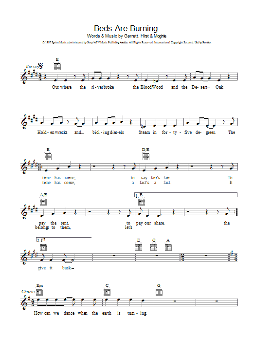 Midnight Oil Beds Are Burning Sheet Music Notes & Chords for Beginner Piano - Download or Print PDF