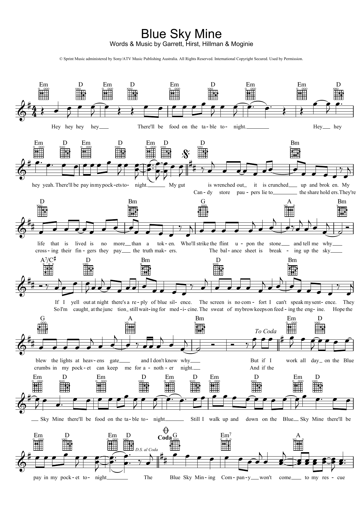 Midnight Oil Blue Sky Mine Sheet Music Notes & Chords for Piano, Vocal & Guitar (Right-Hand Melody) - Download or Print PDF