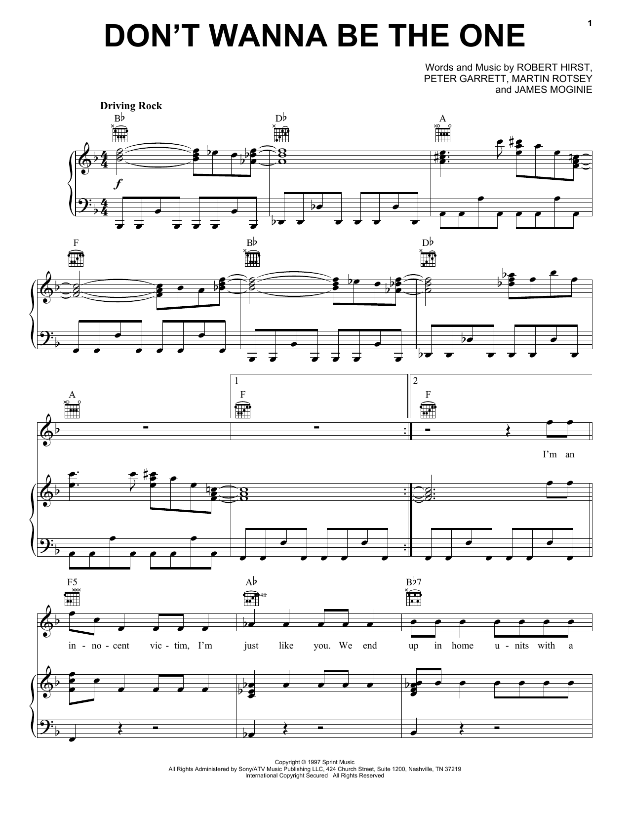Midnight Oil Don't Wanna Be The One Sheet Music Notes & Chords for Piano, Vocal & Guitar (Right-Hand Melody) - Download or Print PDF