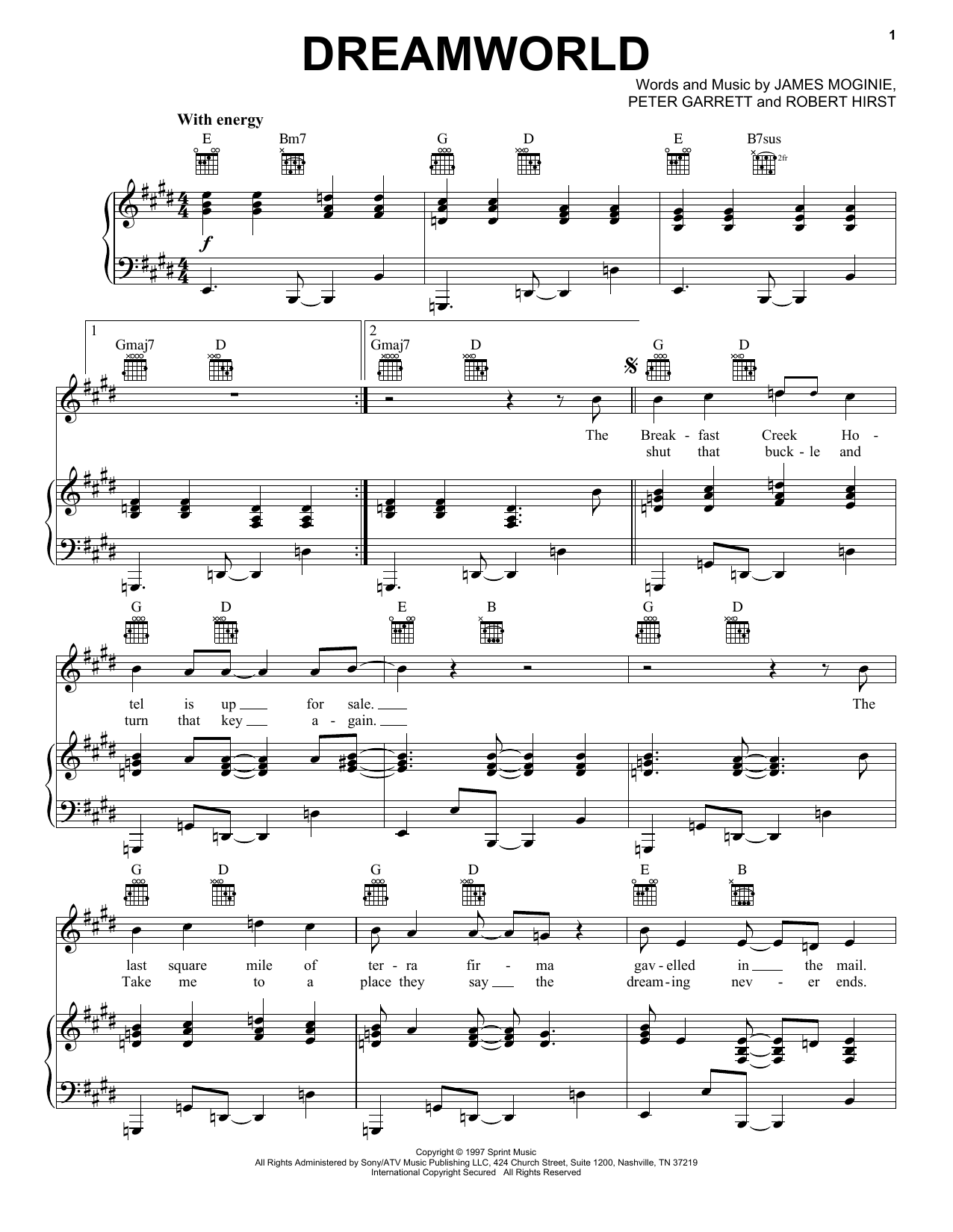 Midnight Oil Dreamworld Sheet Music Notes & Chords for Piano, Vocal & Guitar (Right-Hand Melody) - Download or Print PDF