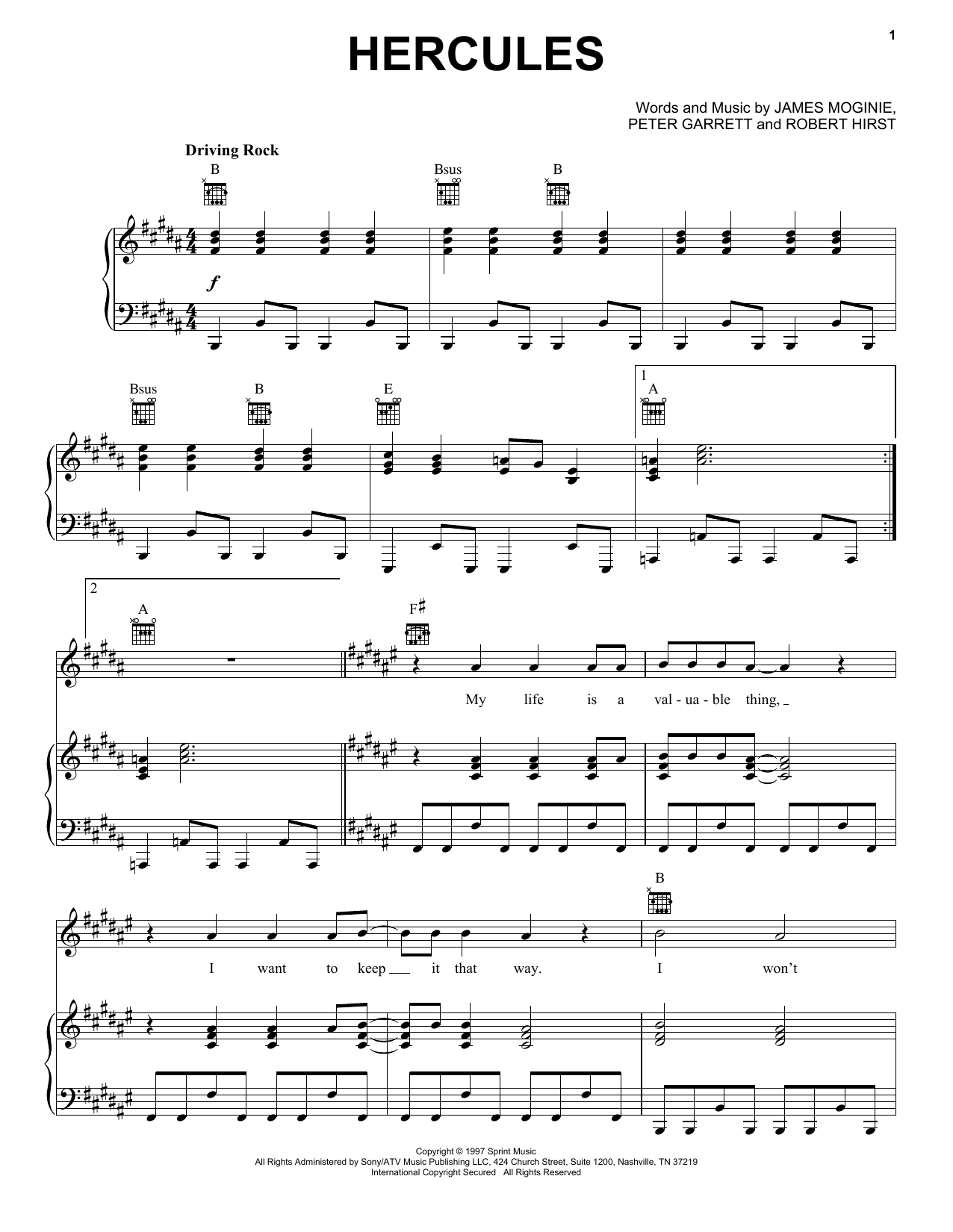 Midnight Oil Hercules Sheet Music Notes & Chords for Piano, Vocal & Guitar (Right-Hand Melody) - Download or Print PDF