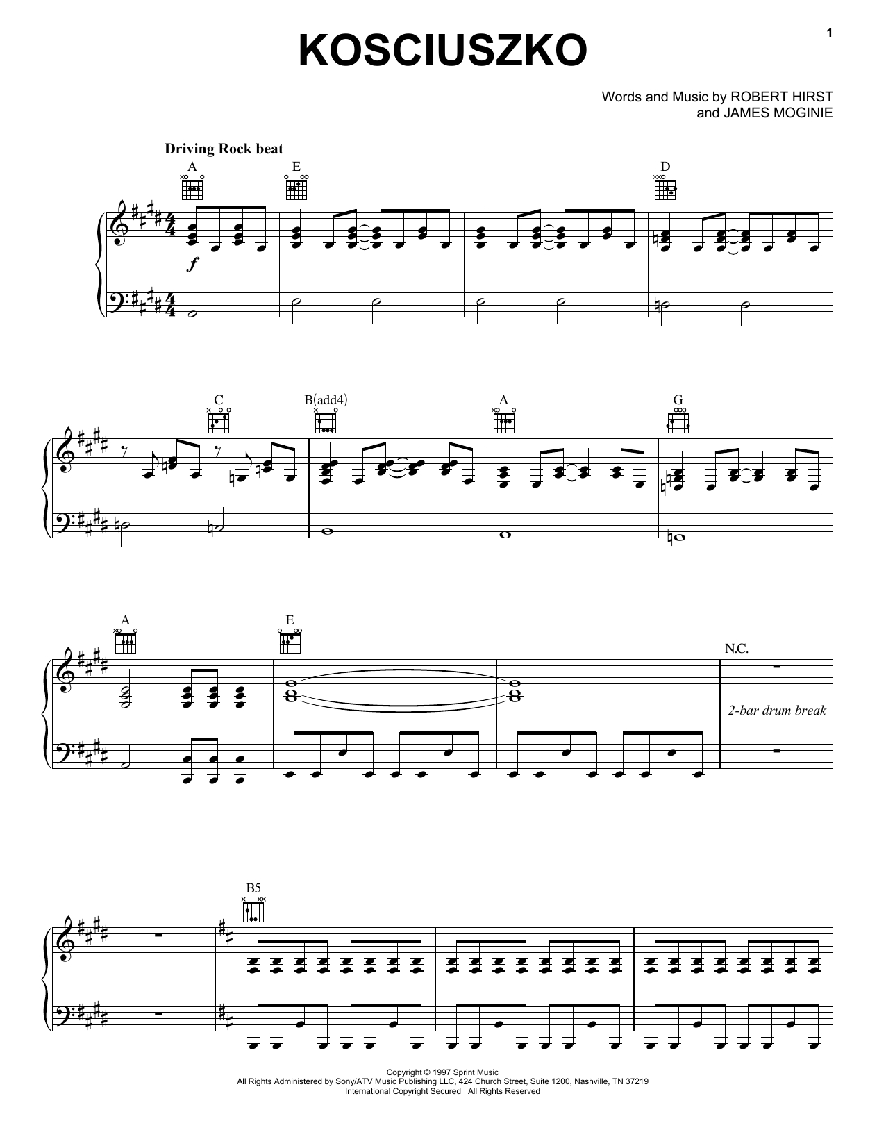 Midnight Oil Kosciuszko Sheet Music Notes & Chords for Piano, Vocal & Guitar (Right-Hand Melody) - Download or Print PDF