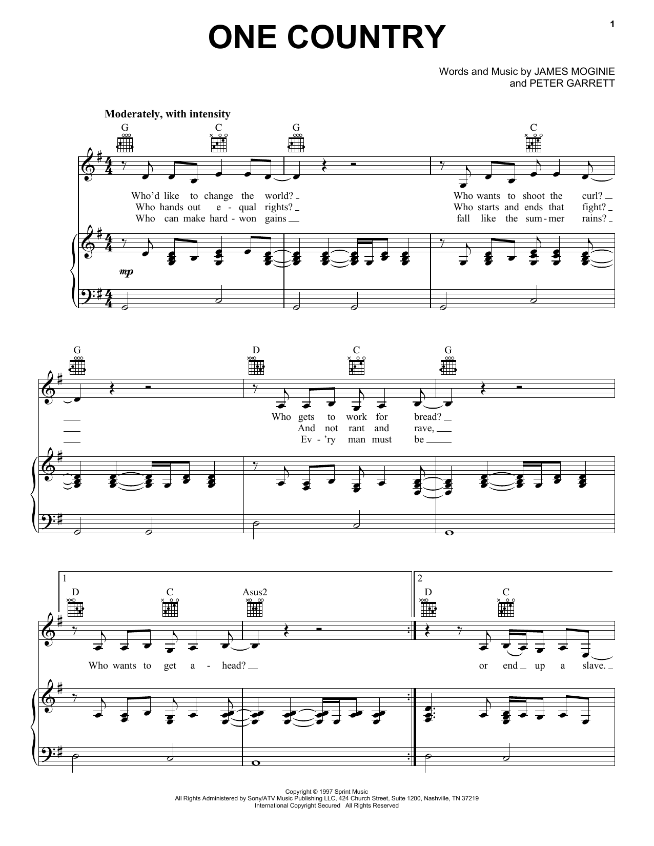Midnight Oil One Country Sheet Music Notes & Chords for Piano, Vocal & Guitar (Right-Hand Melody) - Download or Print PDF