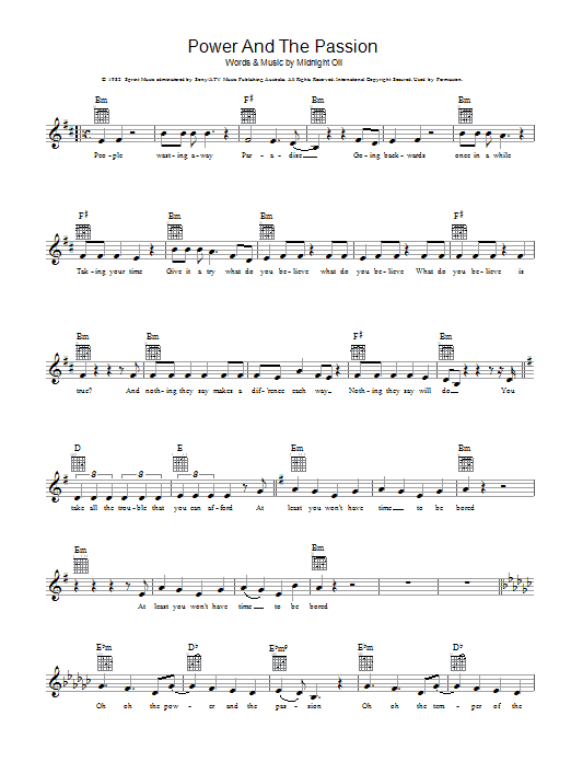 Midnight Oil Power And The Passion Sheet Music Notes & Chords for Lead Sheet / Fake Book - Download or Print PDF