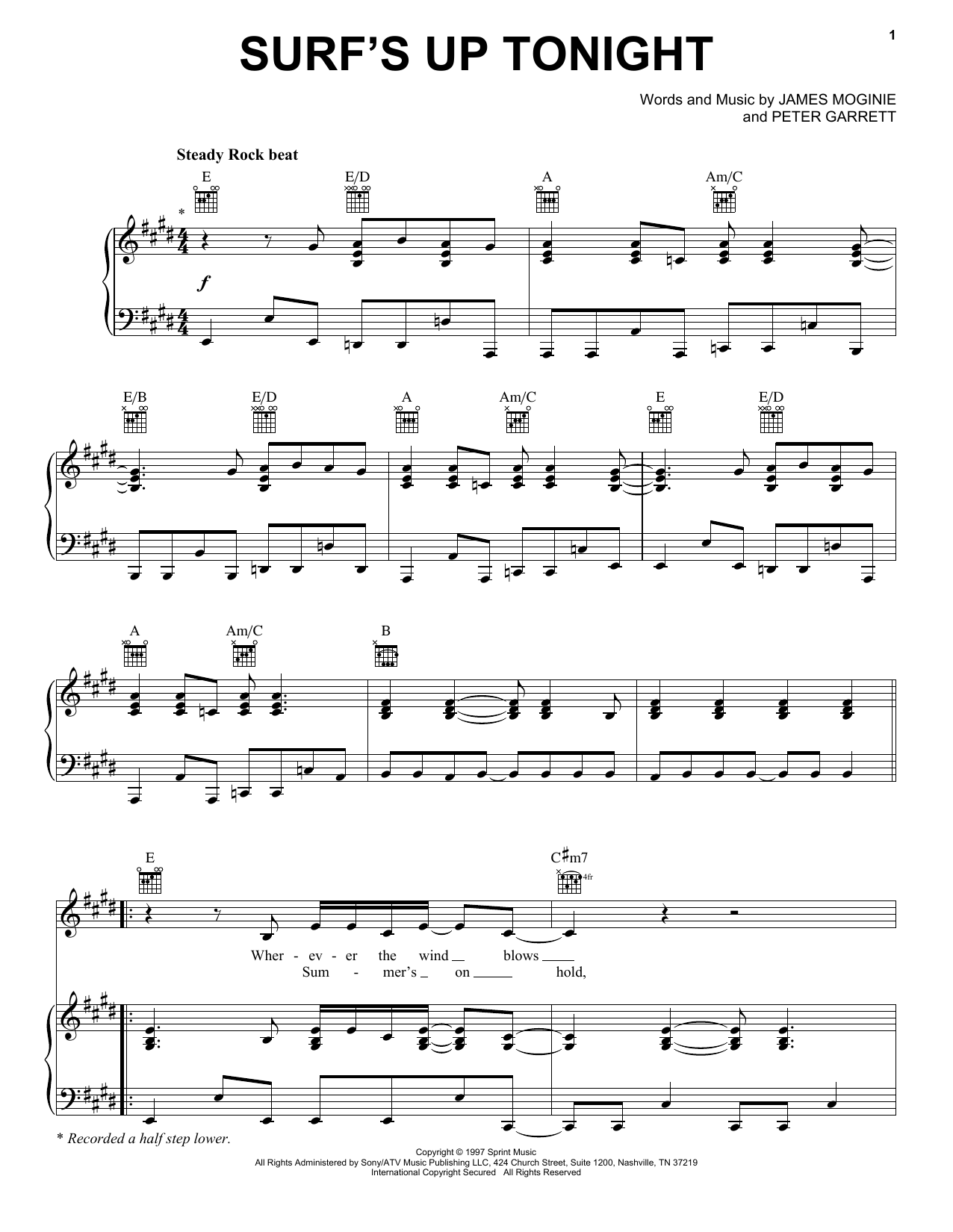 Midnight Oil Surf's Up Tonight Sheet Music Notes & Chords for Piano, Vocal & Guitar (Right-Hand Melody) - Download or Print PDF