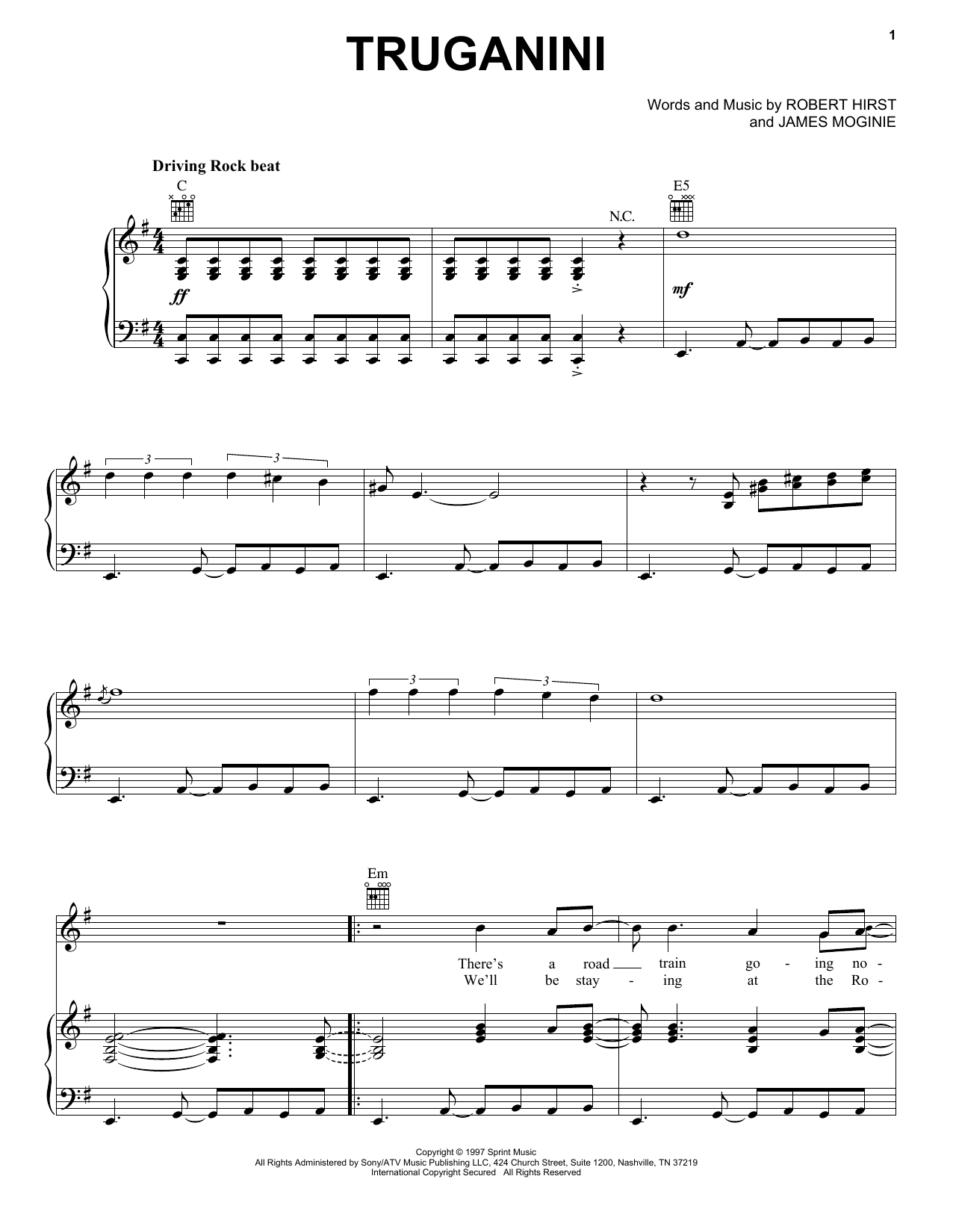 Midnight Oil Truganini Sheet Music Notes & Chords for Piano, Vocal & Guitar (Right-Hand Melody) - Download or Print PDF