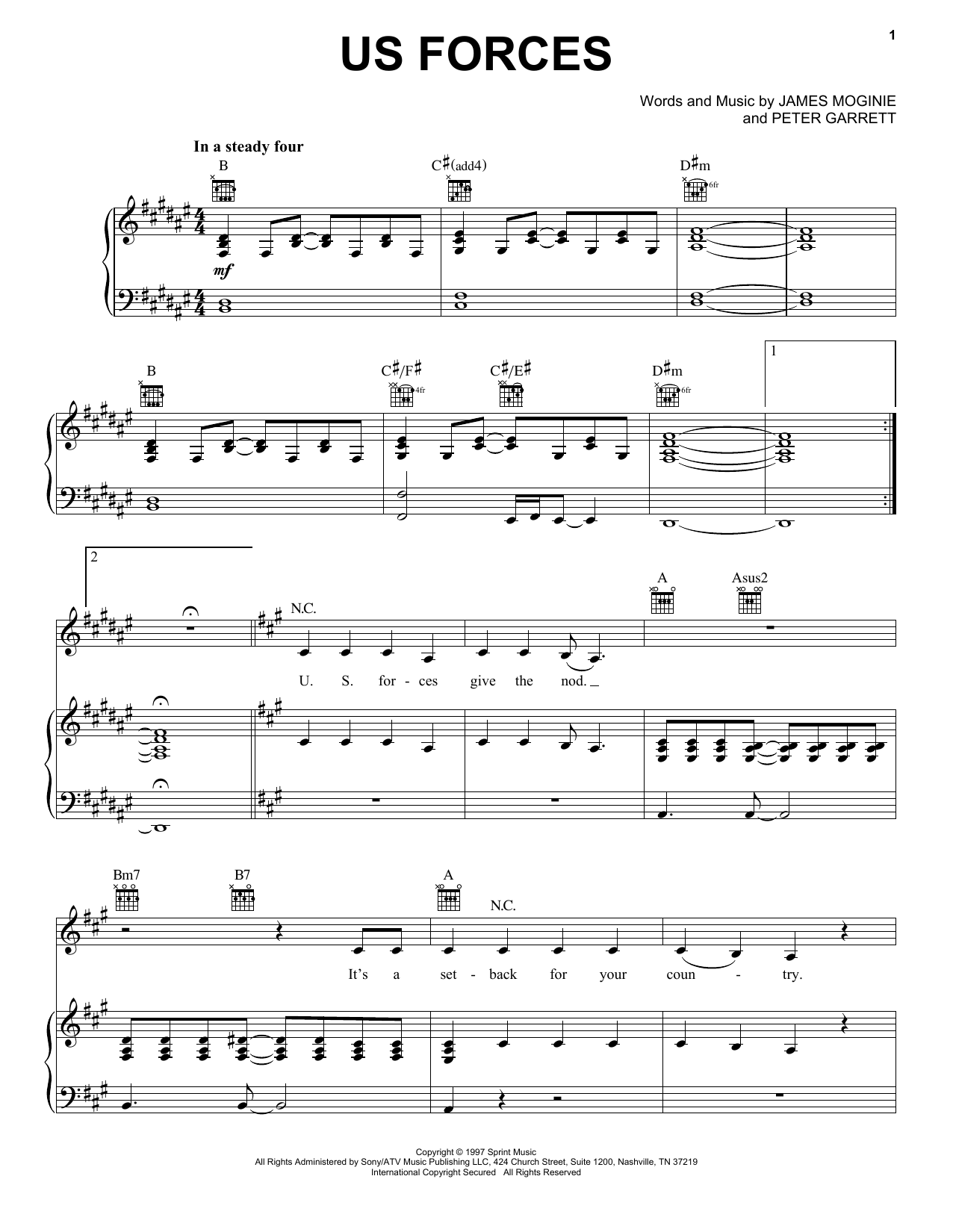 Midnight Oil US Forces Sheet Music Notes & Chords for Piano, Vocal & Guitar (Right-Hand Melody) - Download or Print PDF