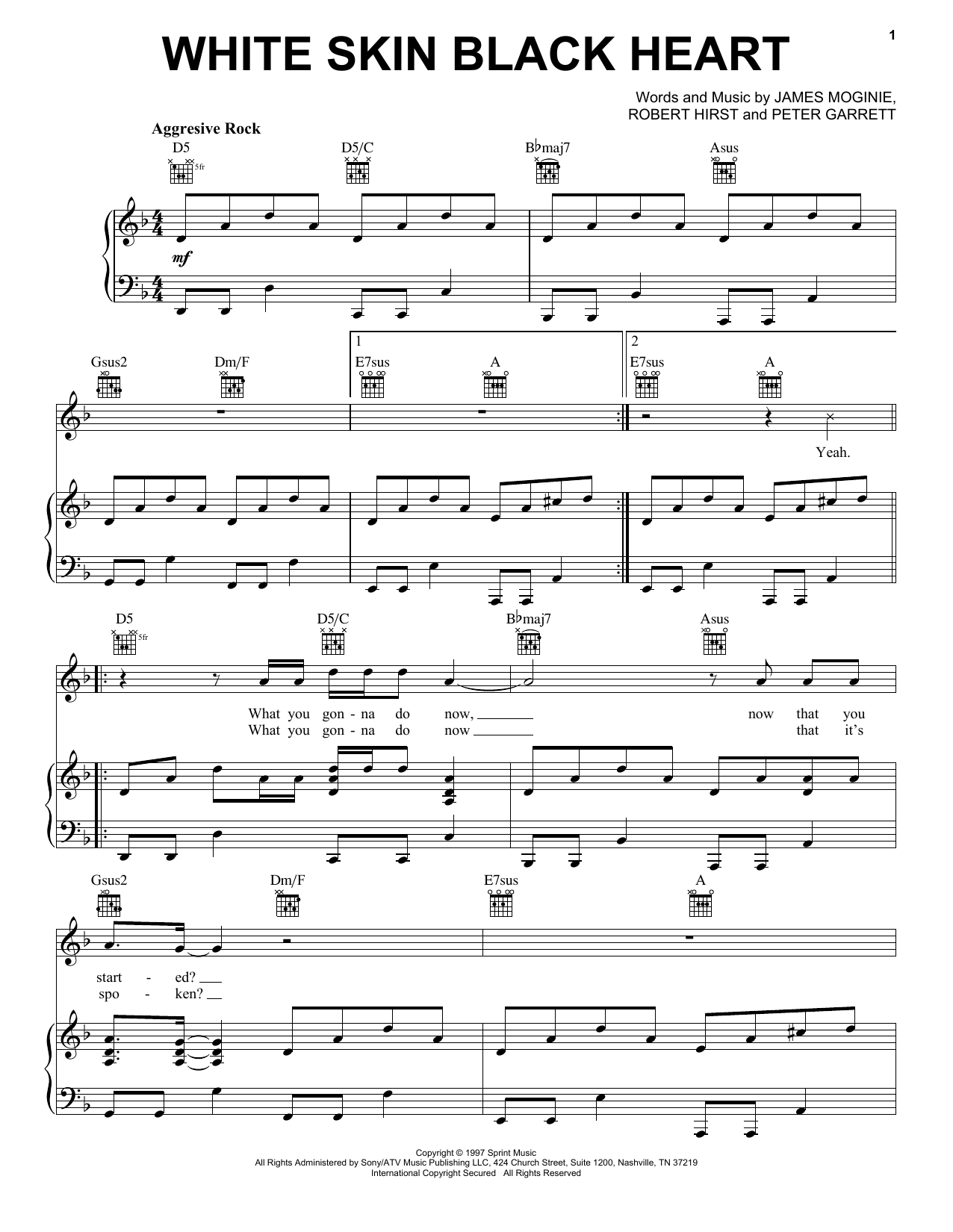 Midnight Oil White Skin Black Heart Sheet Music Notes & Chords for Piano, Vocal & Guitar (Right-Hand Melody) - Download or Print PDF