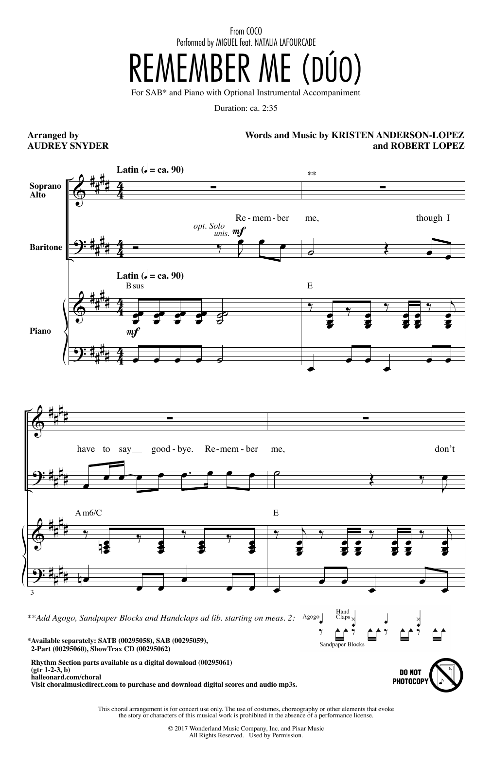 Miguel feat. Natalia Lafourcade Remember Me (Duo) (from Coco) (arr. Audrey Snyder) Sheet Music Notes & Chords for SAB Choir - Download or Print PDF