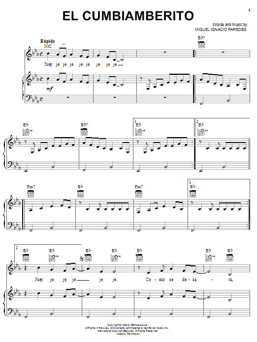 Miguel Ignacio Paredes El Cumbiamberito Sheet Music Notes & Chords for Piano, Vocal & Guitar (Right-Hand Melody) - Download or Print PDF