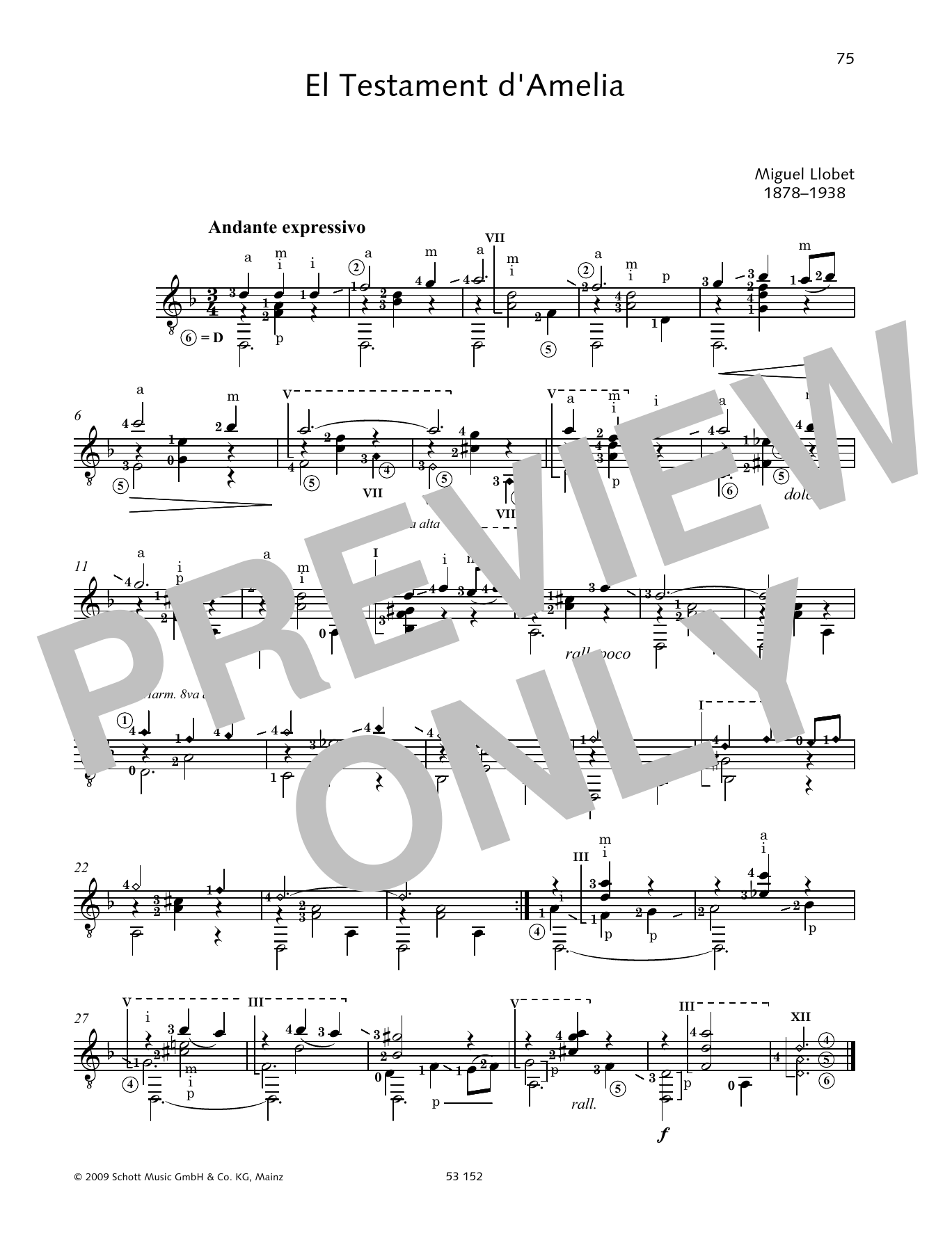 Miguel Llobet El Testament d'Amelia Sheet Music Notes & Chords for Solo Guitar - Download or Print PDF