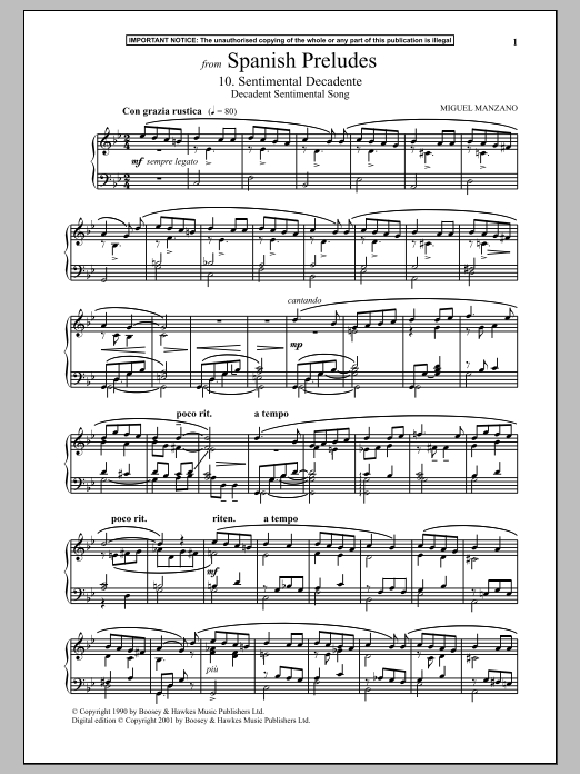 Miguel Manzano Spanish Preludes, 10. Sentimental Decadente (Decadent Sentimental Song) Sheet Music Notes & Chords for Piano Solo - Download or Print PDF