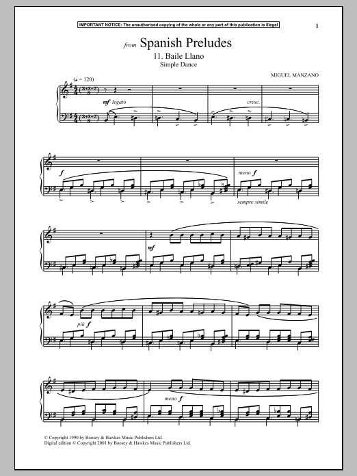 Miguel Manzano Spanish Preludes, 11. Baile Llano (Simple Dance) Sheet Music Notes & Chords for Piano Solo - Download or Print PDF