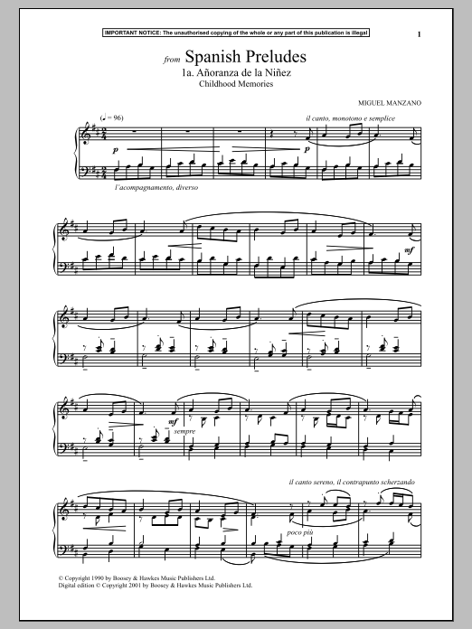 Miguel Manzano Spanish Preludes, 1a. Anoranza De La Ninez (Childhood Memories) Sheet Music Notes & Chords for Piano Solo - Download or Print PDF
