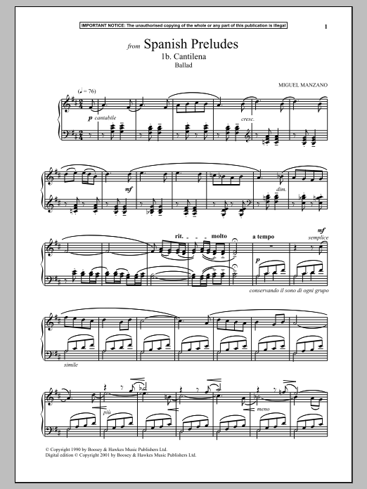 Miguel Manzano Spanish Preludes, 1b. Cantilena (Ballad) Sheet Music Notes & Chords for Piano Solo - Download or Print PDF