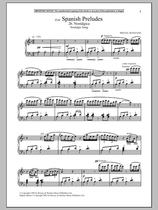 Miguel Manzano Spanish Preludes, 2b. Nostalgica (Nostalgic Song) Sheet Music Notes & Chords for Piano Solo - Download or Print PDF